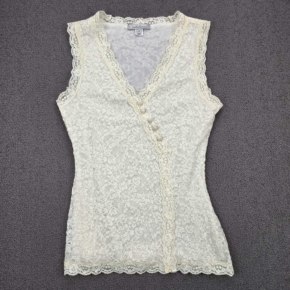 Intuitions Women Cream Floral Lace Sleeveless V-Neck Faux Wrap Top Small Ivory